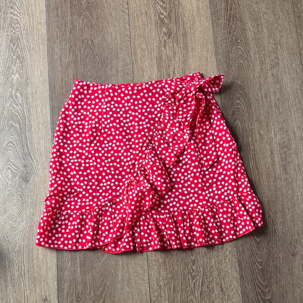 NWOT Red Floral Wrap Ruffle Skirt